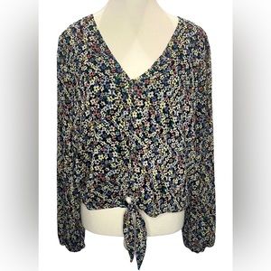 CATO floral V neck semi crop tie top with semi sheer sleeves, lined Size Large